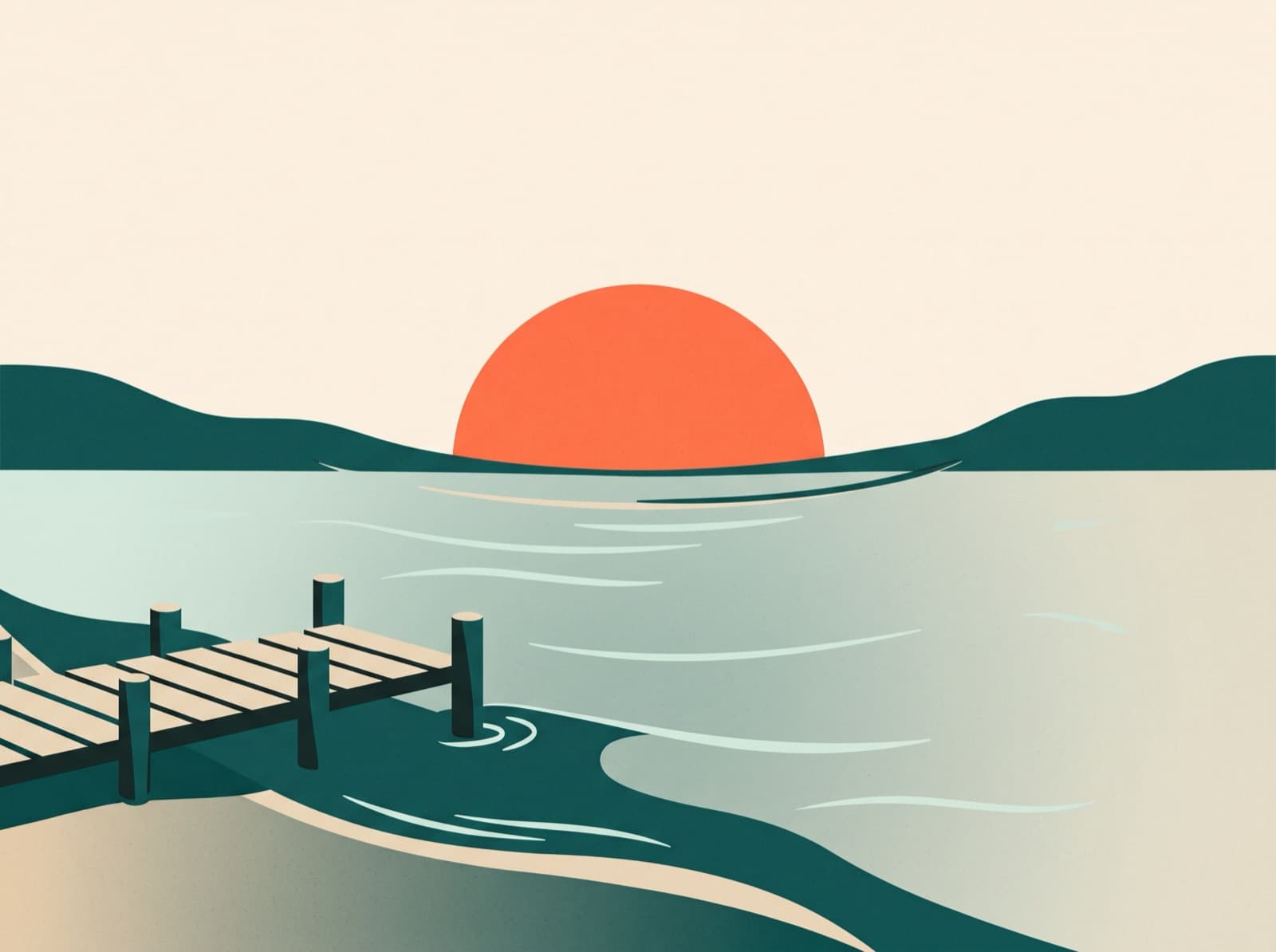 Ilustração: pôr do sol sobre o Guaíba, com um trapiche de madeira em primeiro plano.
